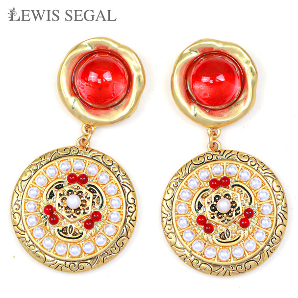 LEWIS SEGAL Small Ruby Dangle Earrings with Pearls for Women Medieval Style Elegant Party Fine Jewelry Round 18K Gold Plated