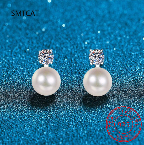 Trendy S925 Silver Natural Pearl Moissanite Earrings Women Jewelry Plated White Gold D Color Moissanite Stud Earrings