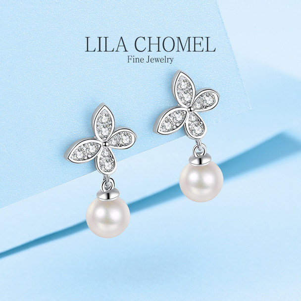 Classic women's Platinum PT950 drop earrings with 6mm Pearls butterfly earring D color Moissanite Diamond luxury birthday gift