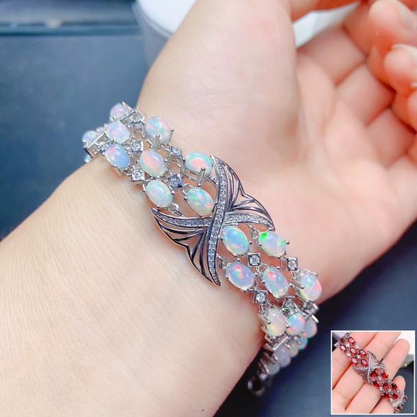 MeiBaPJ Luxurious Real Natural Opal/Garnet Bracelet 925 Sterling Silver Colorful Stone Bangle for Women Fine Wedding Jewelry