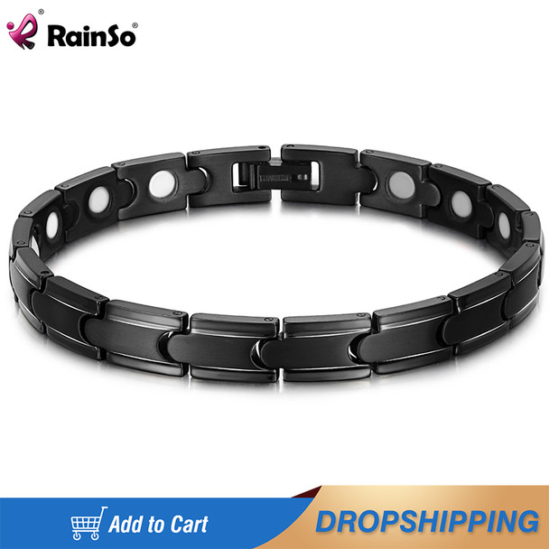 Rainso Men‘s Bracelet Hand Chain Health Energy Titanium Magnetic Bracelet Charm Smooth Black Jewelry