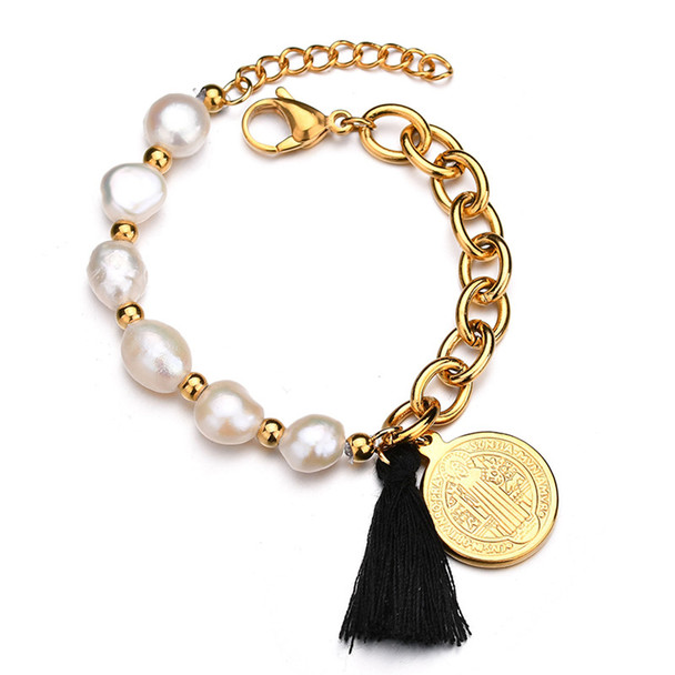 Stainless Steel St Benedict Medal Bracelet Metal San Benito Bracelet Adjustable Pearl Chain Bohemia Religion Jewelry Fashion