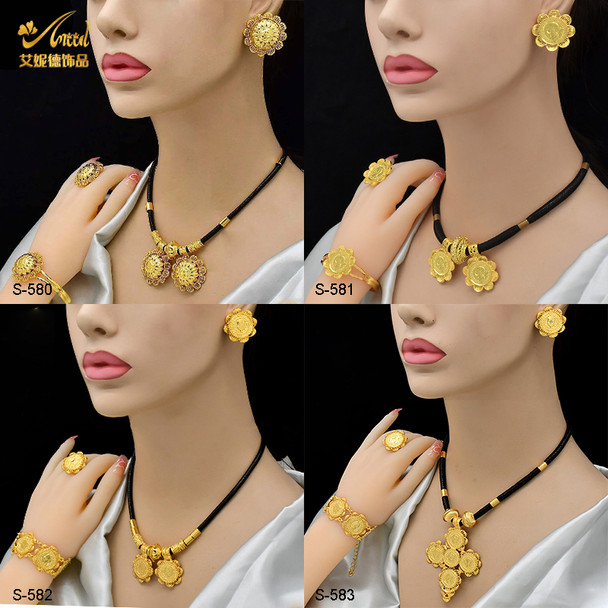 Ethiopian Arab Coin Jewelry Set For Women Wedding 24K Dubai Gold Color Black Rope Necklace/Earring/Bracelet/Ring Party Gift