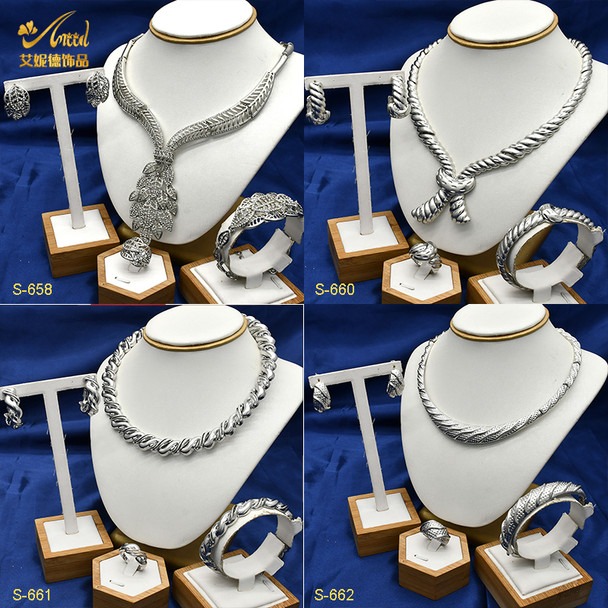 New Fashion Ethiopia Round Necklace Earrings Bracelet Ring Set For Lady Indian Bride Wedding Nigerian Silver Color Jewelry Sets