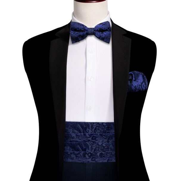 Formal Blue Paisley Cummerbund Men Classic Silk Jacquard Pocket Square Cufflinks Sets Business Wedding Party Barry.Wang Designer