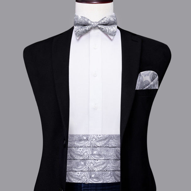 Hi-Tie Luxury Designer Paisley Silver Cummerbund Bow tie Set Formal Tuxedo Corset Elastic Belt for Men Wedding Cummerbunds