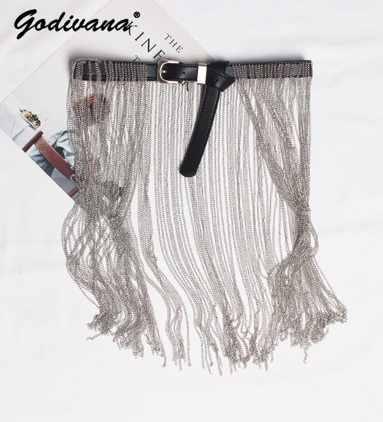 European American Punk Cummerbunds Personalized Long Fringe Chain Skirt Women's Waistband Fashion Wide Belt Elastic Black Girdle