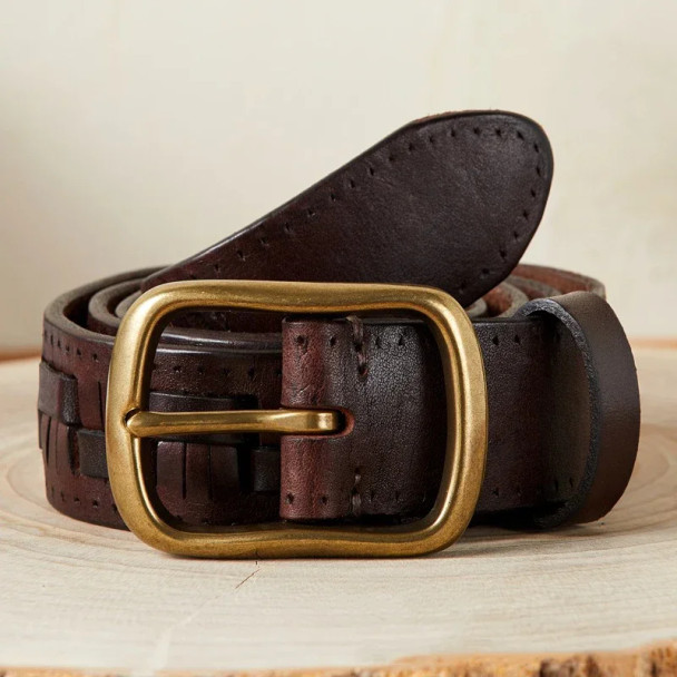 3.8 CM Men's Pure Cowhide Brass Pin Buckle Belt Vintage Genuine Leather Weaving First Layer High Quality Jeans Belt Luxury