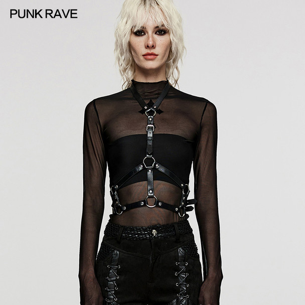 PUNK RAVE Women's Punk PU Leather Halter Neck Sexy Harness Simple Personalized Rivets Accessories Belts for Women