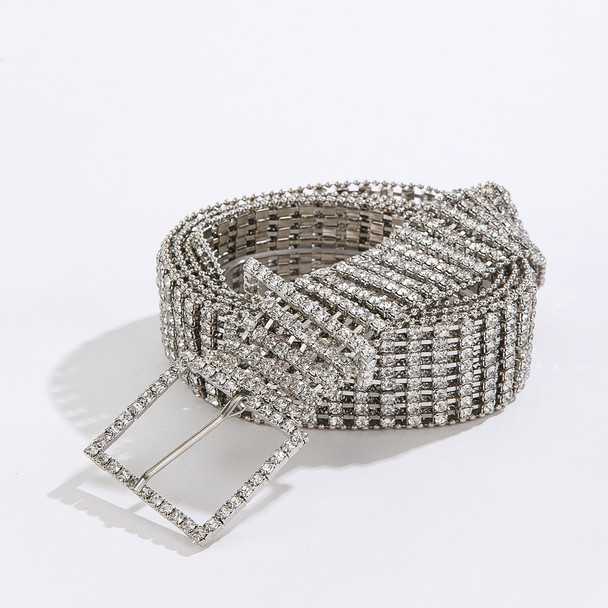 Fashion Waist 8 Rows Silver Rhinestones Decor Women`s Chain Belts