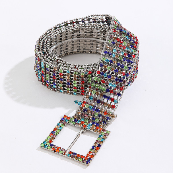 Fashion Waist 8 Rows Silver Plated with Colorful Rhinestones Decor Women`s Chain Belts