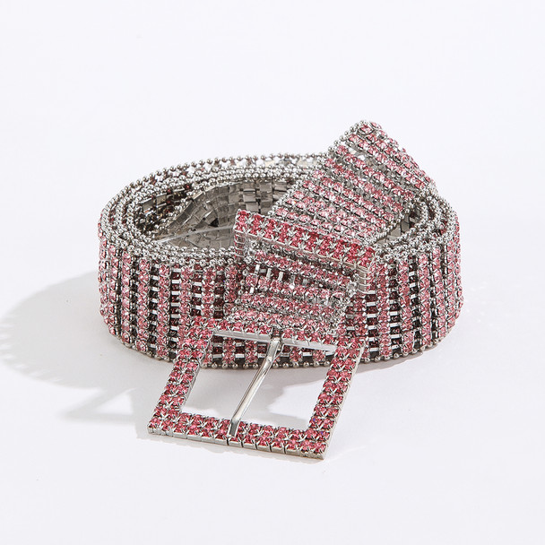 Fashion Waistband 8 Rows Pink Rhinestones Decor Women`s Chain Belts