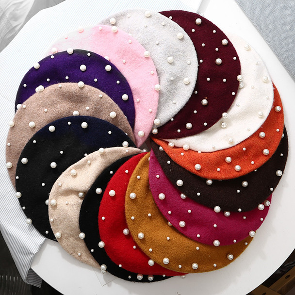Winter Hat Knitted Wool Beret Bonnet Female French Winter Warm Pearl Berets Caps For Women Beading Ski Boina Painter Gorras