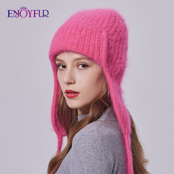 ENJOYFUR Women Winter Angora Earflaps Hat Warm Fluffy Angora Rabbit Fur Knit Hat Female Thick Fleece Lined Russian Trapper Hat