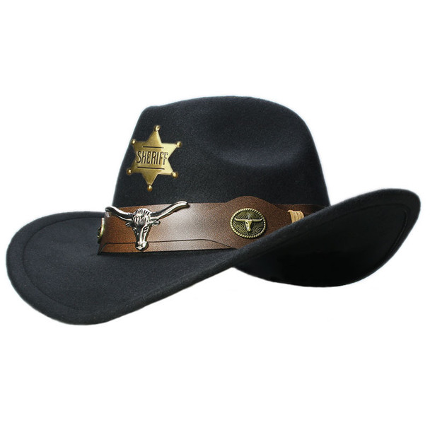 Retro Hexagram Oxhead Leather Band Women Men /Kid Child Wool Wide Brim Cowboy Western Hat Cowgirl Bowler Cap (54-57-61cm)