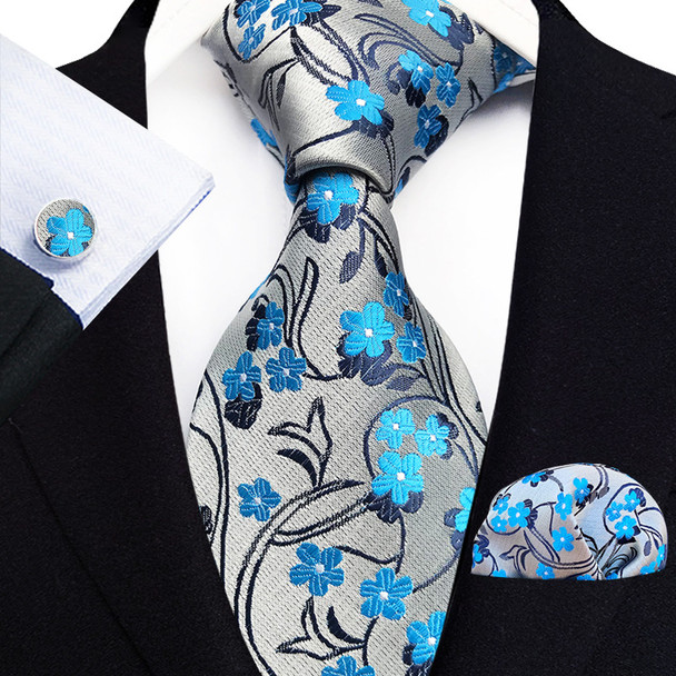 100% Silk Floral Blue Ties For Men Wedding Party Business Man Tie Handkerchief Brooch Cufflinks Set Men Accessories Gravata