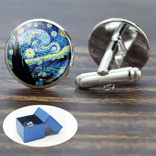 Van Gogh Oil Painting Glass Alloy Cufflinks Starry Night Sunflower Suit Cuff Links Men Shirt Accessories Husband birthday Gift