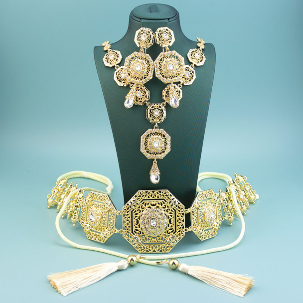 Sunspicems Crystal Arabic Bridal Jewelry Set For Women Gold Color Moroccan Caftan Rope Belt Square Pendant Necklace Long Earring