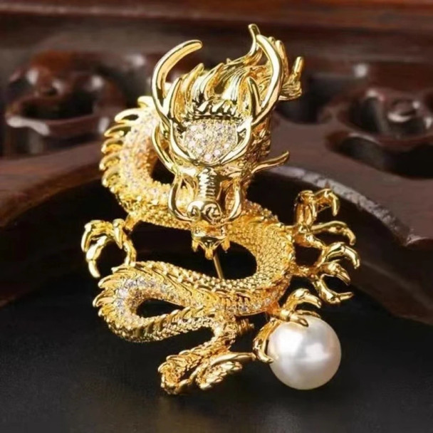Golden Dragon Playing Pearl Dragon Shaped Brooch 9-10mm Natural Freshwater Edison Round Pearl Brooch Vintage Chinese Style Gift