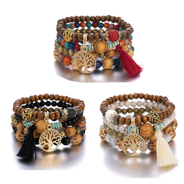 4Pcs Bohemia Tree of Life Charm Beaded Bracelet Set for Women Tassel Multi Layer Beads Leaf Pendant Jewelry Jewelry Accessories