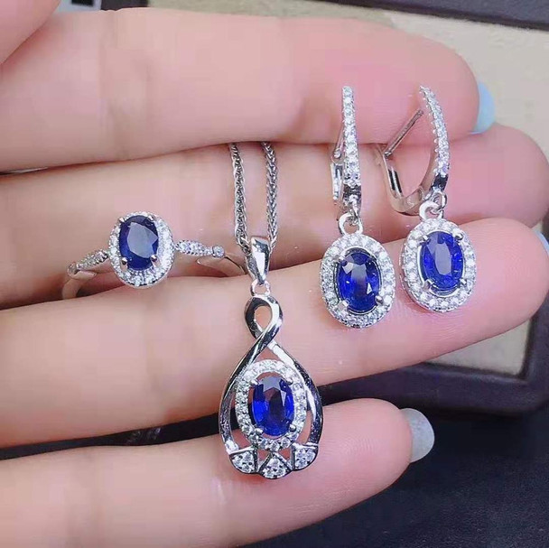 Natural Sapphire Luxury Earrings Rings Pendants Necklace Set S925 Sterling Silver Fine Fashion Jewelry for Women MeiBaPJFS