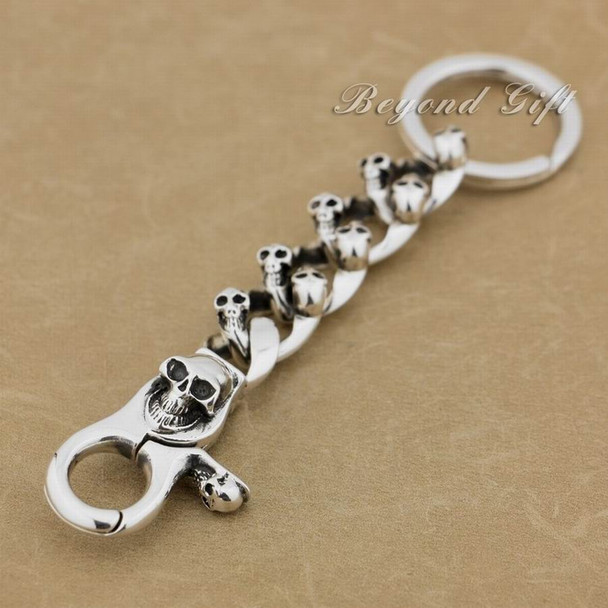 Unique 925 Sterling Silver Skulls KeyRing Mens Biker Keychain 9N005KC