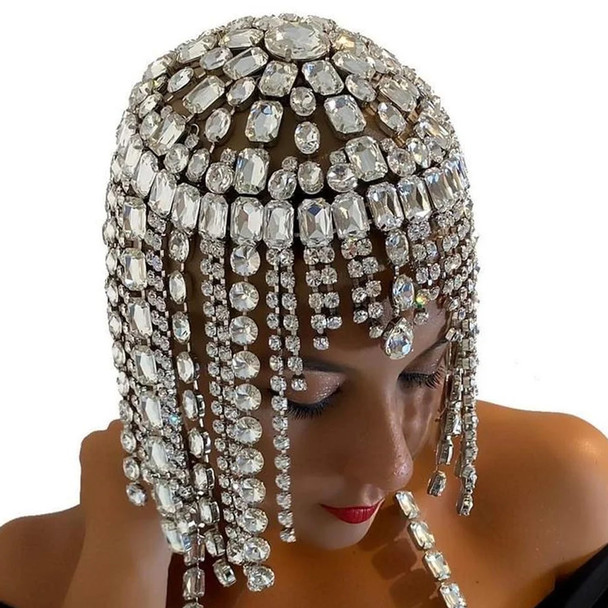 Luxury Crystal Square Tassel Hair Chain Bridal Headpiece for Women Rave Accessories Rhinestone Geometric Head Chain Hat Jewelry