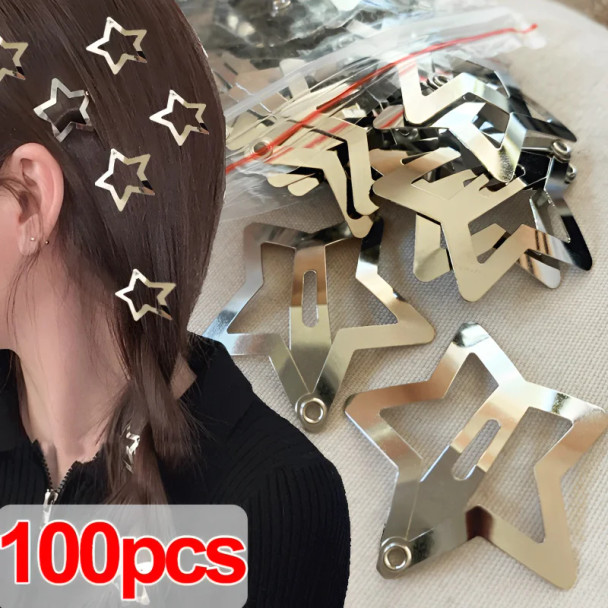 2/100pcs Silver Star Hair Clips for Girls Filigree Star Metal Snap Clip Hairpins Barrettes Hair jewelry Nickle Free Lead Free