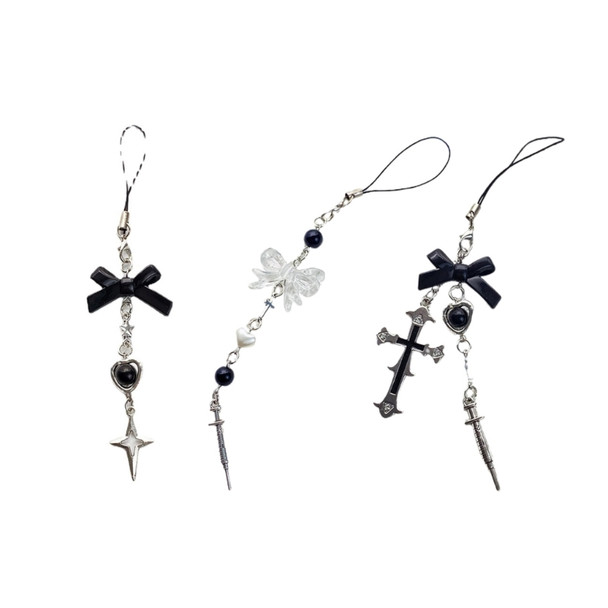 Phone Charm Strap Y2K Keychain Kawaii-Cute Pendant Jewelry Keyring Lanyard String Black Cross-Bow Beaded Chain for Women Girl