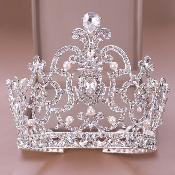 Baroque Vintage Crystal Pearl Big Tiara Crown Diadem Queen King Head Jewelry Bridal Tiaras Wedding Hair Accessories Ornaments