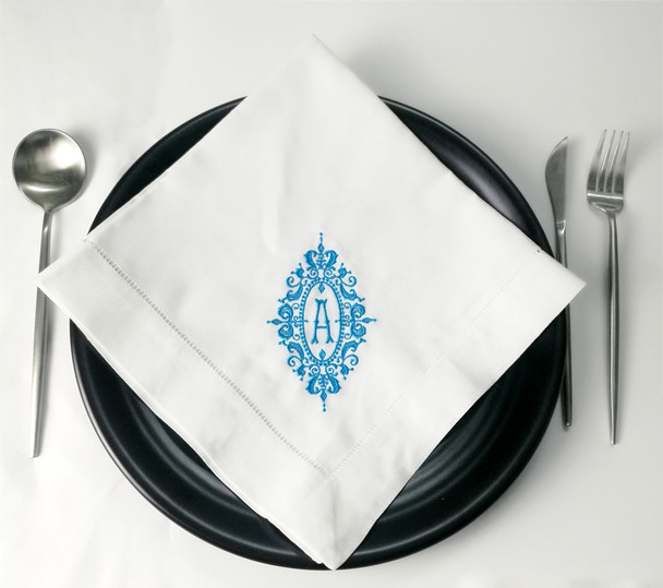 Set of 12 Excellent Monogrammed Dinner Napkins White Hemstitch Linen Table Napkins 20x20" Ladder Embroidered Initial Tea Napkin