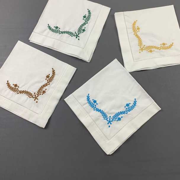 Set of 12 Fashion Ninner Napkins 18x18" white Hemstitched linen Table Napkins with Green Color Embroidered Floral Tea Napkins