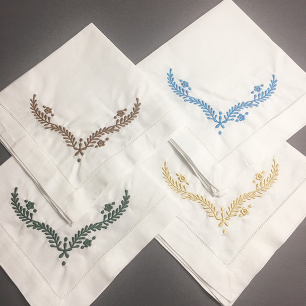 Set of 12 Handkerchiefs Dinner Napkins Hemstitched Border White Linen Faabric Cloth Table Napkin Embroidered Floral 20x20-inch
