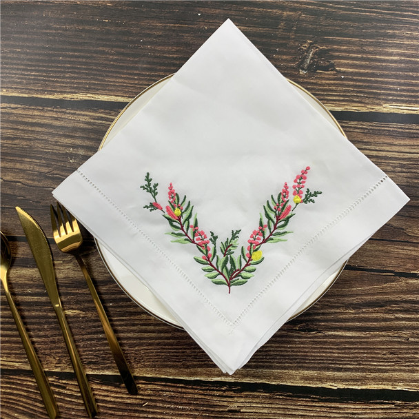 Set of 12 Handkerchiefs White Linen Hemstitched Dinner Napkins Table Cloth Placemats with Color Embroidered Floral