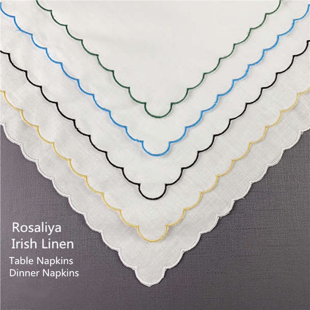 Set of 12 Fshion Table Napkins Dinner Napkins White Irish 100% Linen Tea Napkins with Color Embroidered Scalloped Edges
