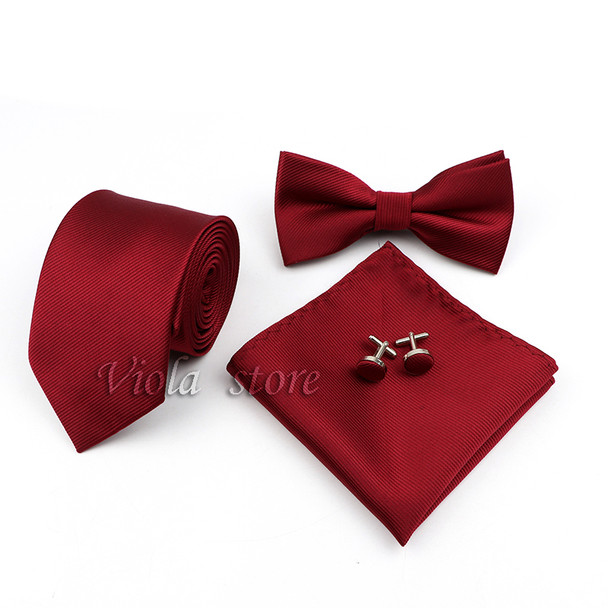 4 PCS Tie Set Solid Burgundy Navy 8cm Necktie Bowtie Handkerchief Cufflinks Polyester Mens Suit Wedding Party Cravat Accessory