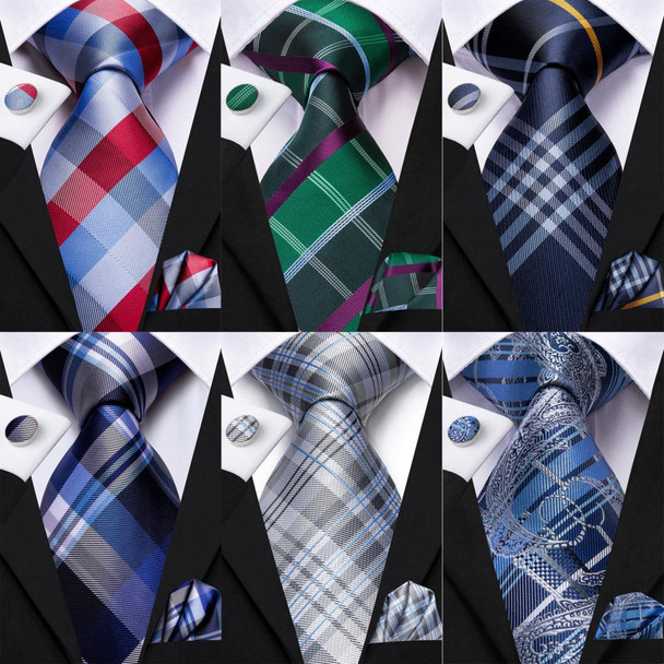 Hi-Tie Plaid Silk Tie For Men Elegant Mens Blue Grey Necktie Pocket Square Cufflink Groom Wedding Accessory Wholesale Designer