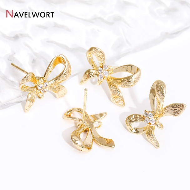 14K Gold Plated Brass Bow Knot Post Earring With Pearl Peg Bail,Inlaid Zircon Stud Earring Findings,Earring Making Accessories