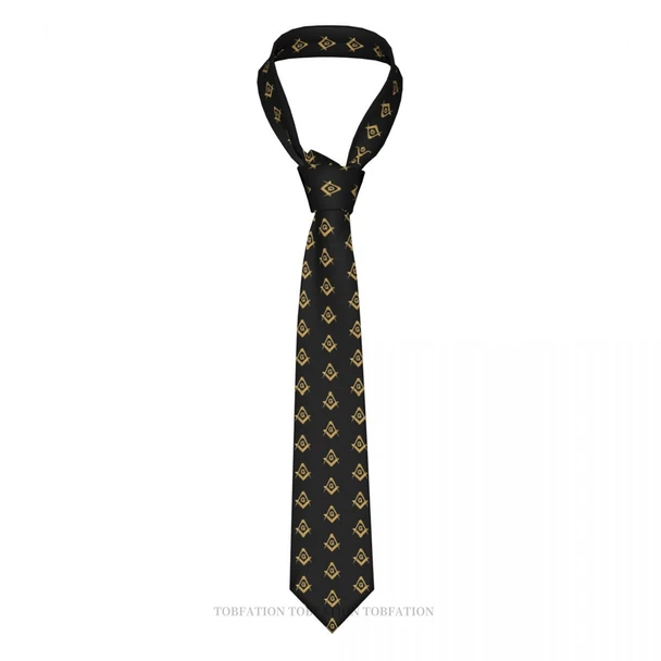 Black Masonic Print Ties Freemason Gold Square Compass Casual Unisex Neck Tie Shirt Decoration Narrow Striped Slim Cravat