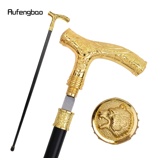 Golden Roaring Bear Head Flower Single Joint Walking Stick with Hidden Plate Self Defense Fashion Cane Cosplay Crosier 93cm