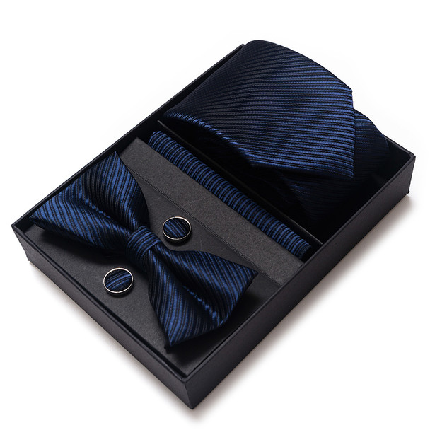 Solid Color Holiday Gift Tie Handkerchief Pocket Squares Cufflink Set Necktie Box Dark Blue Man Fit Formal Party Easter Day