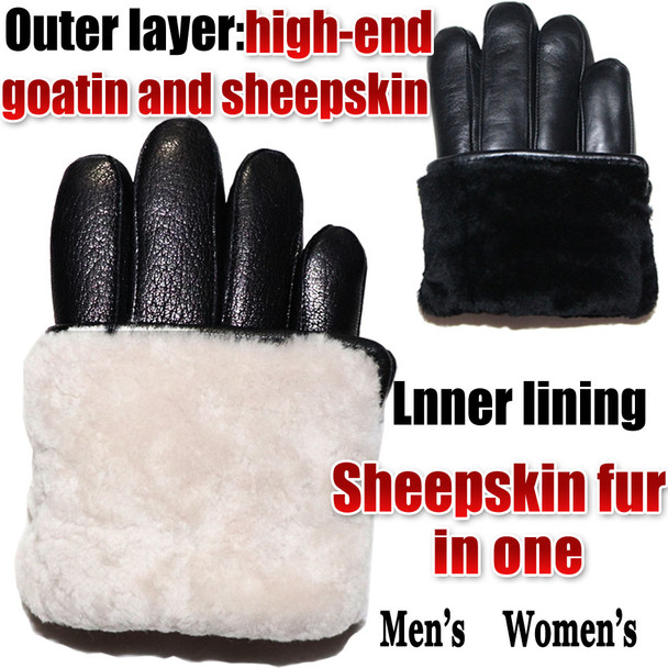 Deerskin Pattern Male Leather Gloves Sheepskin-fur in one Gloves Female Goatskin Sheep Fur Wool Gloves Winter Thickening Warm