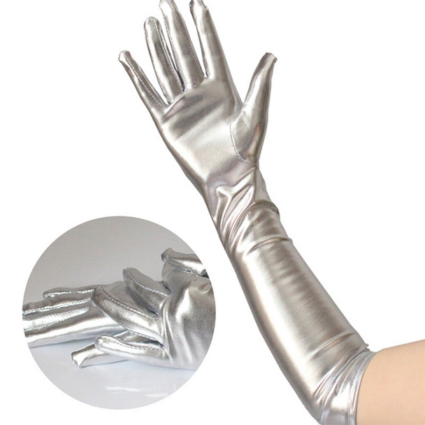 Gold Silver Wet Look Fake Leather Metallic Gloves Evening Party Performance Mittens Women Sexy Elbow Length Long Latex