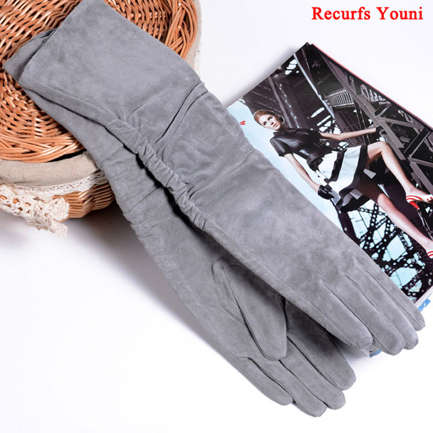 2022 Fall/Winter Fashion Women Pigskin Suede Genuine Leather Fold Long Glove Lady 30/40/50cm Black/Pink/Red Classic Luvas Mujer