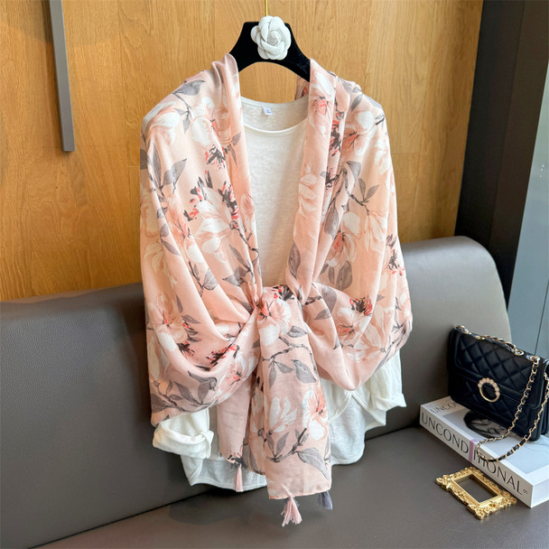 Pink flowers cotton hemp scarf women's thin section 2024 new travel outdoor sunscreen silk scarf outwear shawl four seasons head