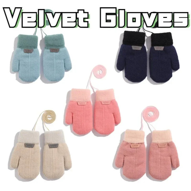 1-7Years Old Children's Gloves in Autumn and Winter Plush Thickened Cartoon Outdoor Cold-proof and Warm Knitted Gloves with Rope