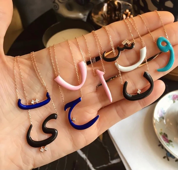 Arabic Alphabet Initial Necklace Colorful Enameled Pendant Cubic Zirconia Gemstone Rose Gold Muslim For Women Girl Jewelry Gift