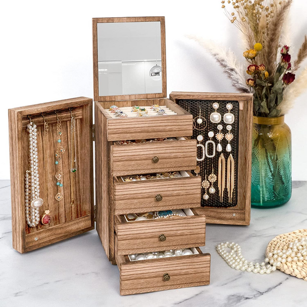 5-Layer Large Organizer Box Mirror & 4 Drawers for Ring Earrings Necklaces Vintage Style Torched Wood Jewelry Box Wood for Wowen