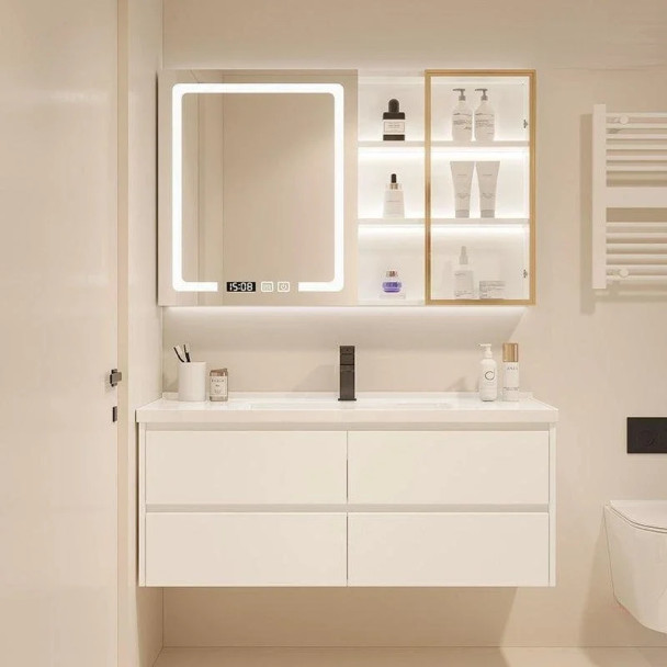 New Solid Wood Light Luxury Bathroom Cabinet Ceramic Integrated Basin Bathroom Sink Vanity Smart Mirror Cabinet