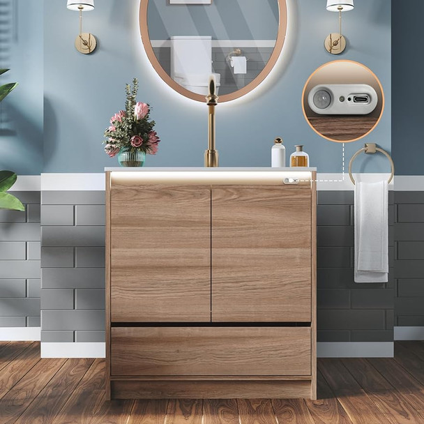 LED Lights Bathroom Vanity with Sink Combo, Motion Sensor Lights Mid-Century Modern Small Single Bathroom Cabinet Set,